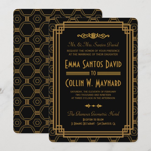 Art Deco Black Wedding-inbjudningar Inbjudningar (Fram/baksida)