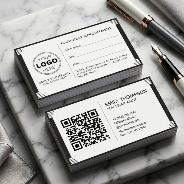 Art Deco Black White QR Code Logo Professional Tidsbeställning Kort (Minimalist Art Deco Real Estate Business Card | QR Code & Appointment Design)