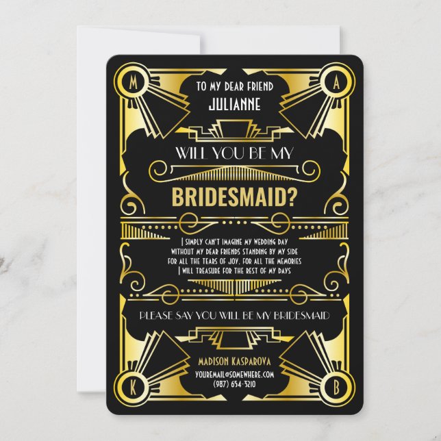 Art Deco blir du min bridesmaid Guld & Black Inbjudningar (Framsida)