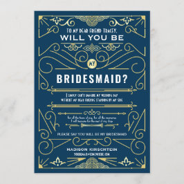 Art Deco blir du min bridesmaid Guld Blue Inbjudningar