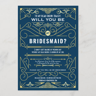 Art Deco blir du min bridesmaid Guld Blue Inbjudningar