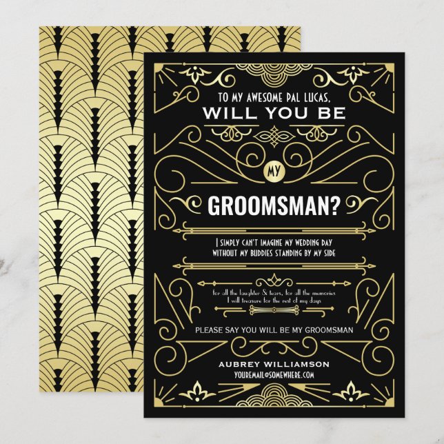 Art Deco blir du min Groomsman Guld Black Inbjudningar (Fram/baksida)