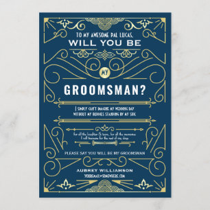 Art Deco blir du min Groomsman Guld Blue Inbjudningar