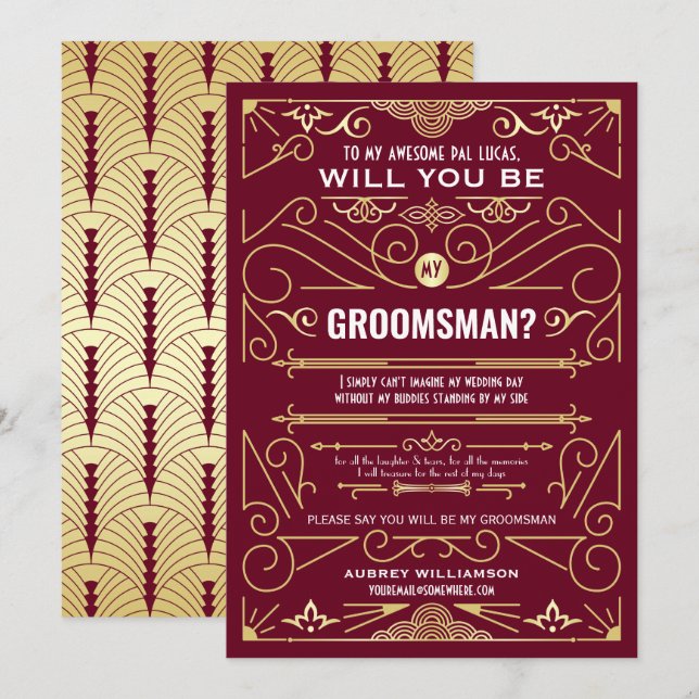 Art Deco blir du min Groomsman Guld Burgundy Inbjudningar (Fram/baksida)