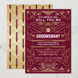 Art Deco blir du min Groomsman Guld Burgundy Inbjudningar