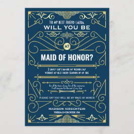 Art Deco blir du min Maid of honor Guld Blue Inbjudningar
