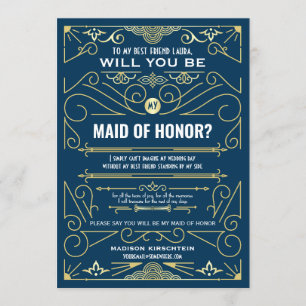 Art Deco blir du min Maid of honor Guld Blue Inbjudningar