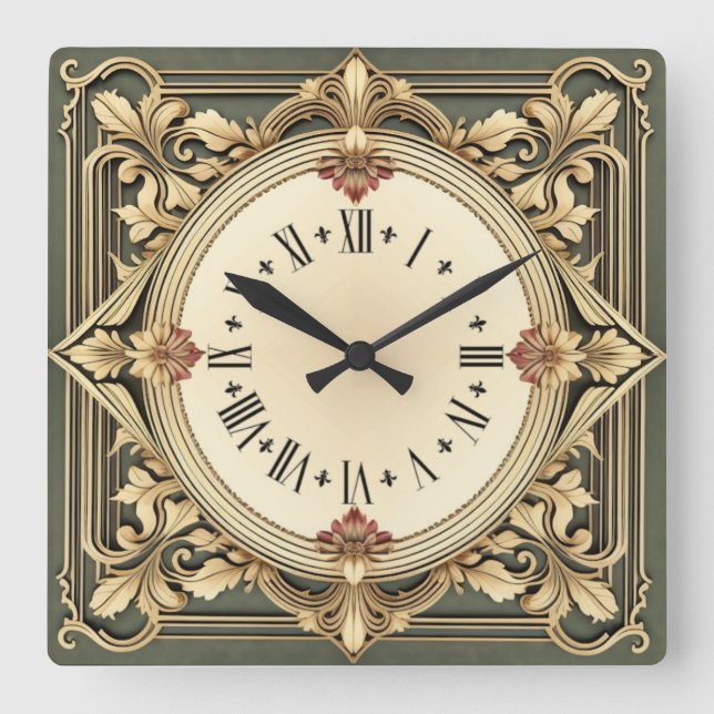 Art Deco Blomma Fyrkantig Klocka (Framsida)