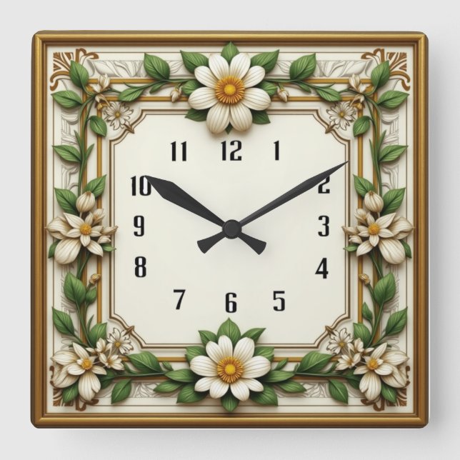 Art Deco Blomma Fyrkantig Klocka (Framsida)