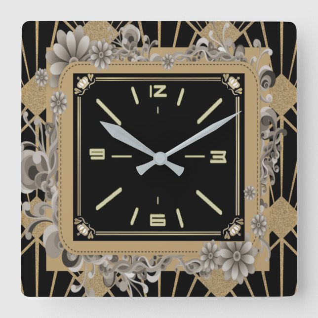 Art Deco-blomma Fyrkantig Klocka (Framsida)