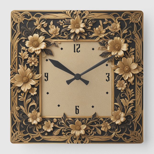 Art Deco Blomma Fyrkantig Klocka (Framsida)