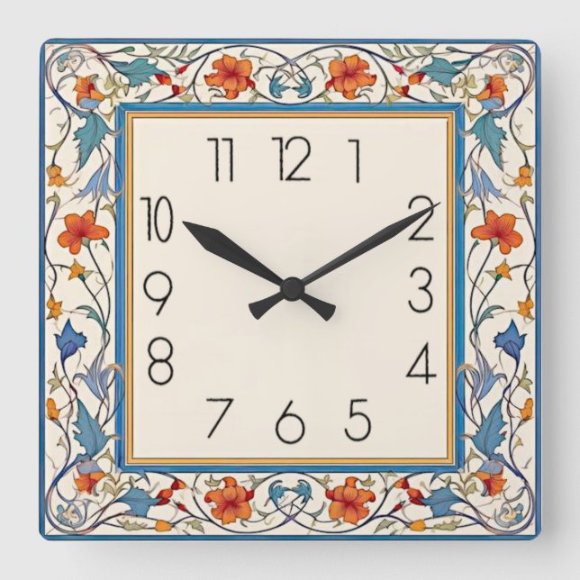 Art Deco Blomma Fyrkantig Klocka (Framsida)