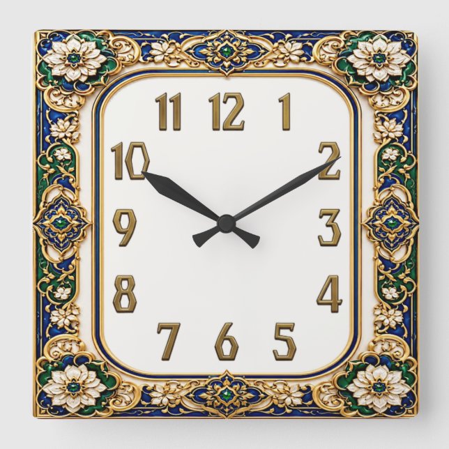 Art Deco Blomma Fyrkantig Klocka (Framsida)