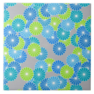 Art Deco-blomman mönster - blått och kalkgrönt Kakelplatta