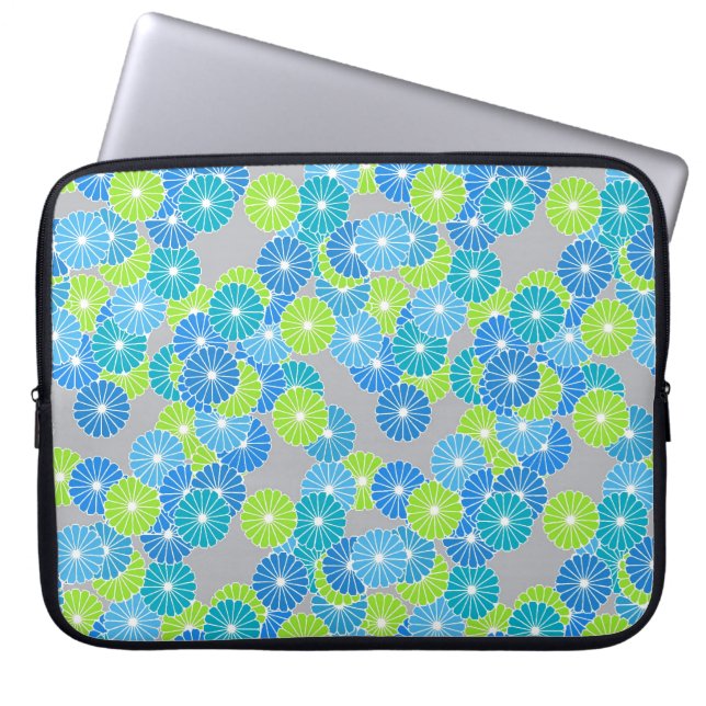Art Deco-blomman mönster - blått och kalkgrönt Laptop Sleeve (Framsidan)