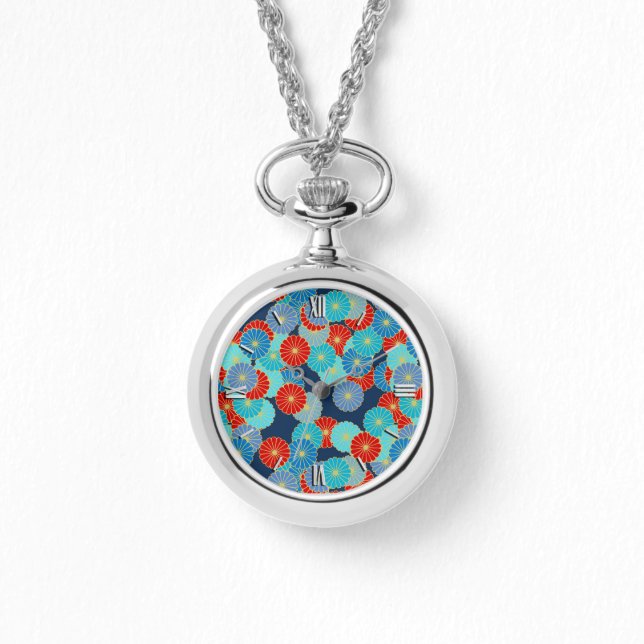 Art Deco-blomman mönster - blått, turkos och rött Armbandsur (Framsida)