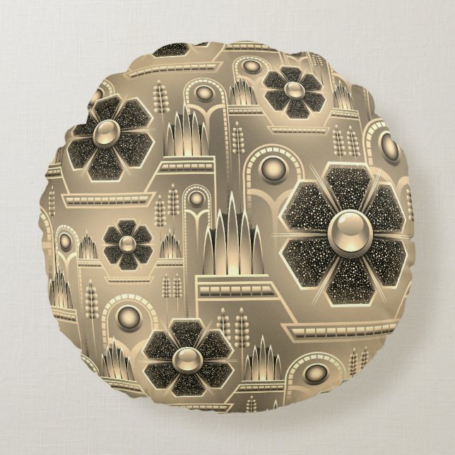 Art deco-blomman mönster blommigt geometrisk guld rund kudde (Framsidan)