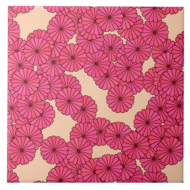 Art Deco-blomman mönster - djup rosa och persika Kakelplatta (Framsidan)