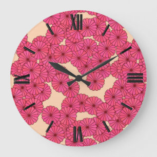 Art Deco-blomman mönster - djup rosa och persika Stor Klocka