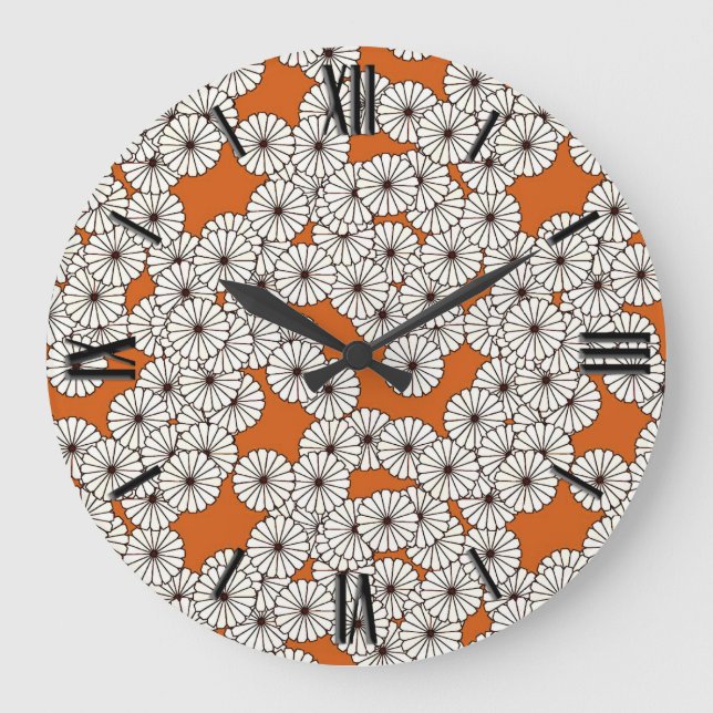 Art Deco-blomman mönster - grädde på rost Stor Klocka (Framsida)
