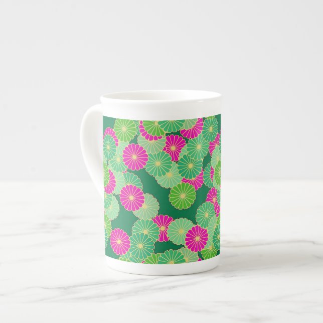 Art Deco-blomman mönster - grönt, fuchsia Benporslin Mugg (Framsida vänster)