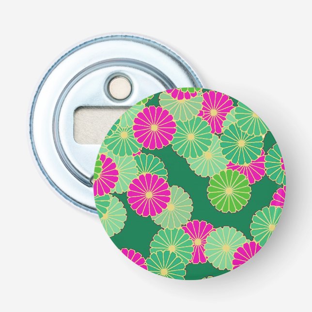 Art Deco-blomman mönster - grönt, fuchsia Flasköppnare (Framsidan)