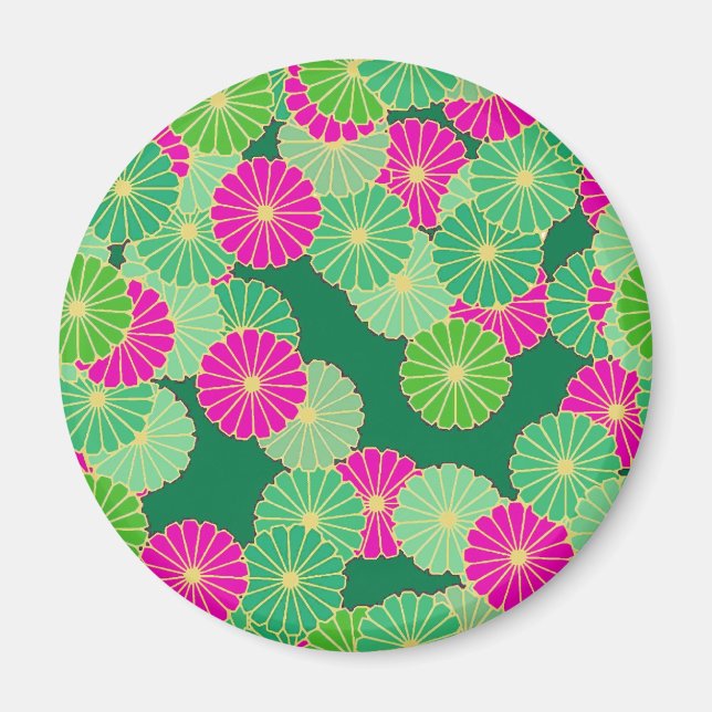 Art Deco-blomman mönster - grönt, fuchsia Magnet (Framsidan)