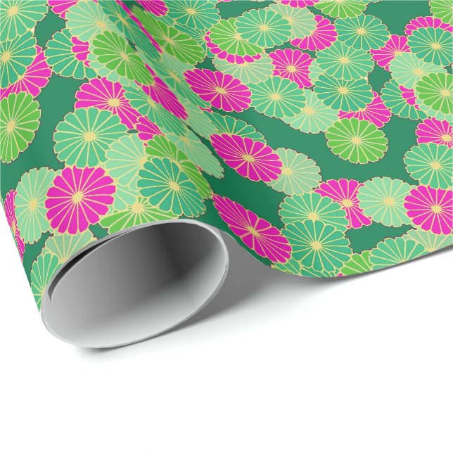 Art Deco-blomman mönster - grönt, fuchsia Presentpapper (Rullad Hörn)