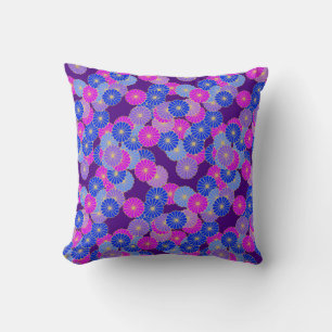 Art Deco-blomman mönster - violett, blått och lila Kudde