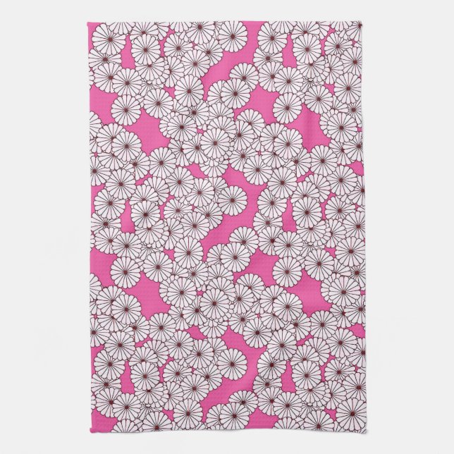 Art Deco-blomman mönster - vit på rosa Kökshandduk (Vertikal)