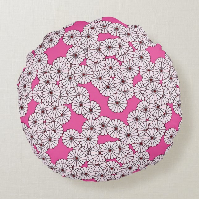 Art Deco-blomman mönster - vit på rosa Rund Kudde (Baksidan)