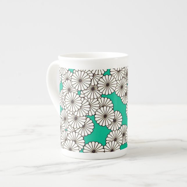 Art Deco-blomman mönster - vit på turkos Benporslin Mugg (Framsida vänster)