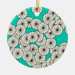 Art Deco-blomman mönster - vit på turkos Julgransprydnad Keramik