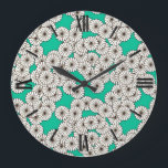 Art Deco-blomman mönster - vit på turkos Stor Klocka<br><div class="desc">En Art Deco mönster baserad på ett traditionellt,  stiliserat krysanthemum mönster som används i japanska textilier,  i vitt skisserat i mörk choklad,  med en rik-turkos/bakgrunds-färg</div>