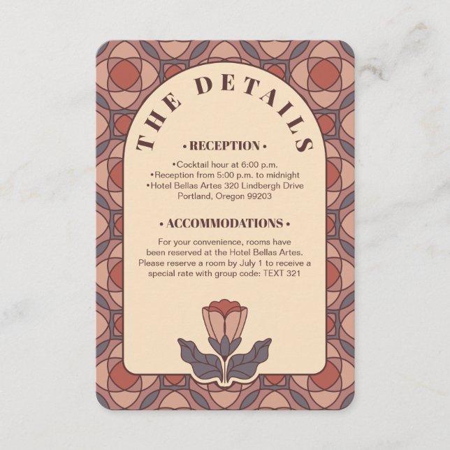 Art Deco Blommig Bröllopsdetaljkort QR-kod Tilläggskort (Framsida)