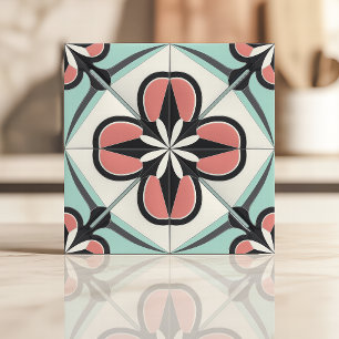 Art Deco Blommig Design i Rosa, Svart och Mint Kakelplatta