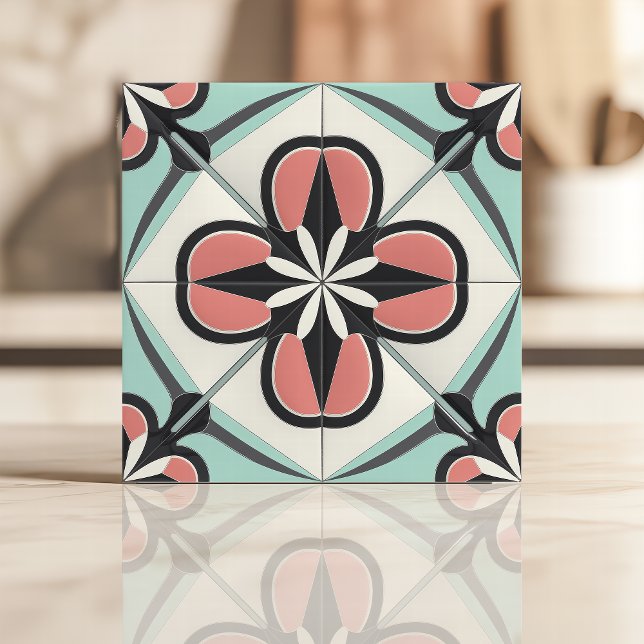 Art Deco Blommig Design i Rosa, Svart och Mint Kakelplatta (Skapare uppladdad)