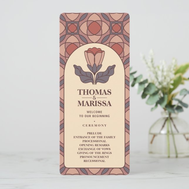 Art Deco Blommig Glasmosaik Bröllopsprogram Program (Stående Fram)