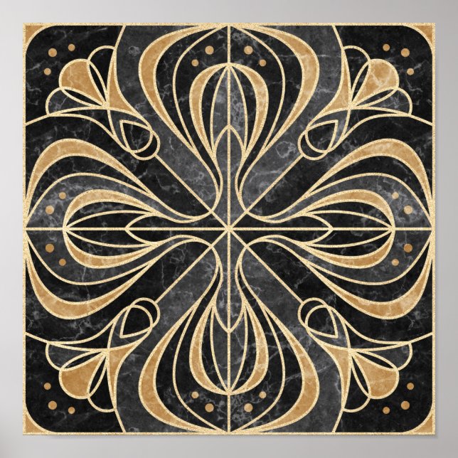 Art Deco-Blommigt. Guld och Marble Poster (Framsidan)