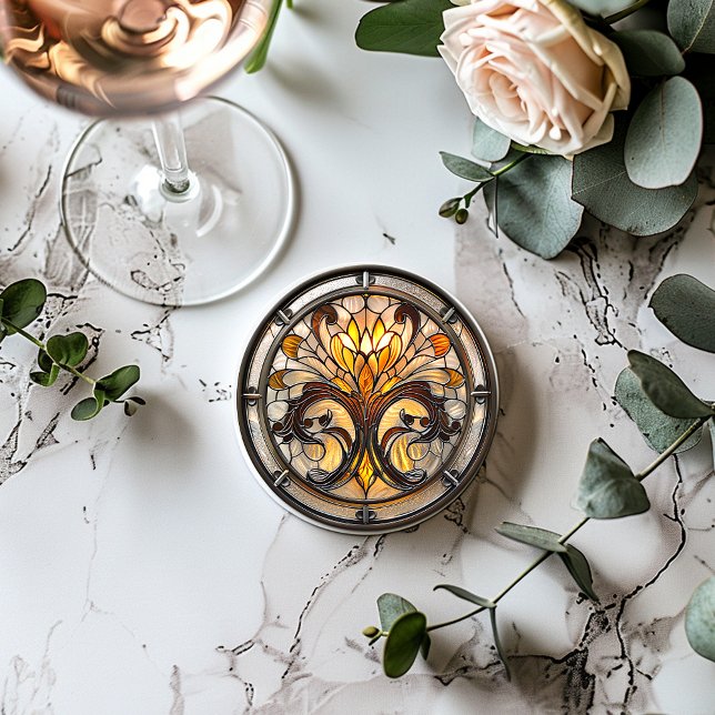 Art Deco-Blommigt Gult av fastsatt glasflaska Brun Underlägg Papper Rund (Skapare uppladdad)