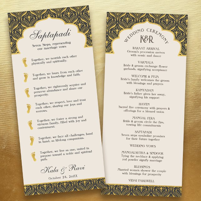 Art Deco Blommigt Lotus Indian & Hindu Bröllop Program (charcoal gray black art deco indian hindu wedding program card with saptapadi seven steps vows)