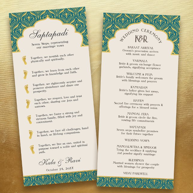 Art Deco Blommigt Lotus Indian & Hindu Bröllop Program (Teal blue gold art deco indian hindu wedding program card with saptapadi seven steps marriage vows)