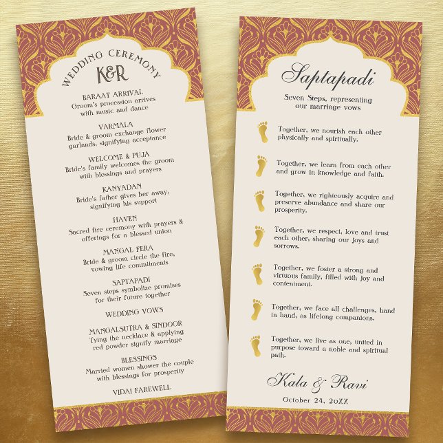 Art Deco Blommigt Lotus Indian & Hindu Bröllop Program (Rust red art deco indian hindu wedding program card with saptapadi seven steps vows, gold foil leaf)
