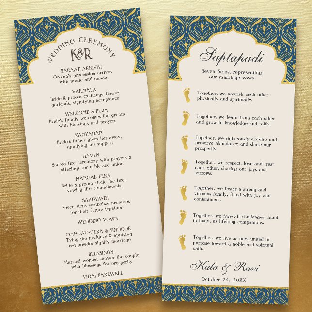 Art Deco Blommigt Lotus Indian & Hindu Bröllop Program (Navy blue art deco indian hindu wedding program card with saptapadi seven steps vows, gold foil leaf)