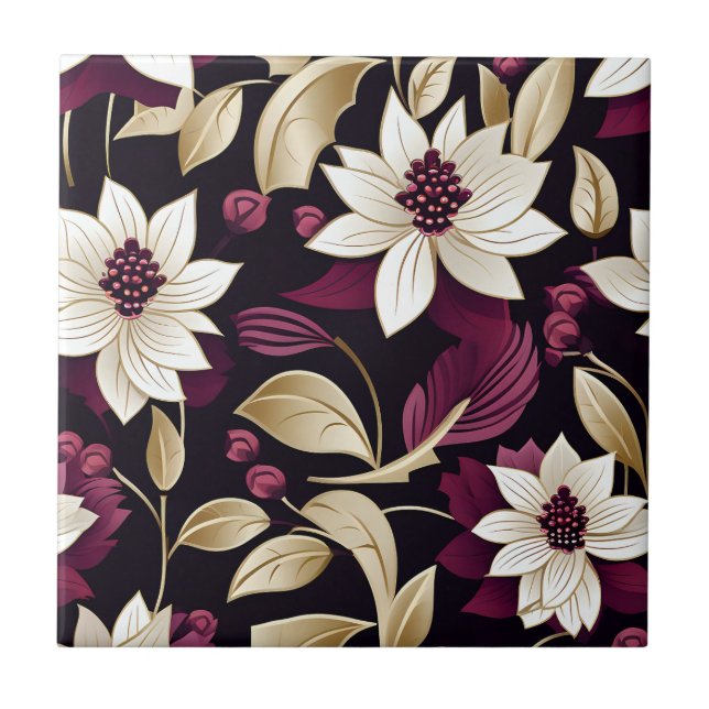Art Deco-Blommigt om Burgundy Kakelplatta (Framsidan)