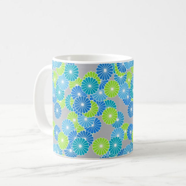 Art Deco blommönster - blå och limegrön Kaffemugg (Framsida vänster)