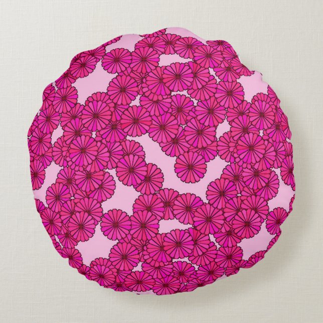 Art Deco blommönster - magenta på rosa Rund Kudde (Baksidan)