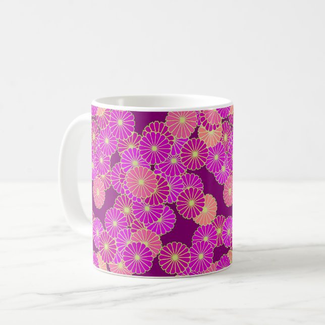 Art Deco blommönster - nyanser av violett, korall Kaffemugg (Framsida vänster)