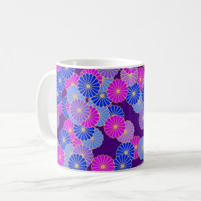 Art Deco blommönster - violett, blå och purpur Kaffemugg (Framsida vänster)