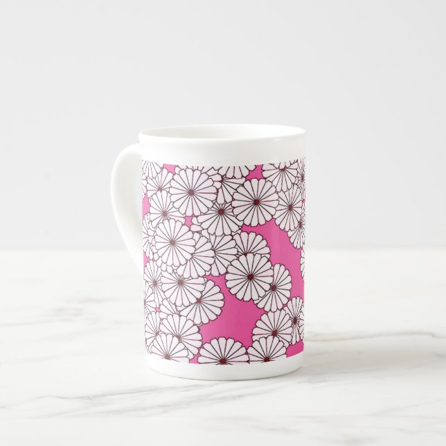 Art Deco blommönster - vitt på rosa Benporslin Mugg (Framsida vänster)